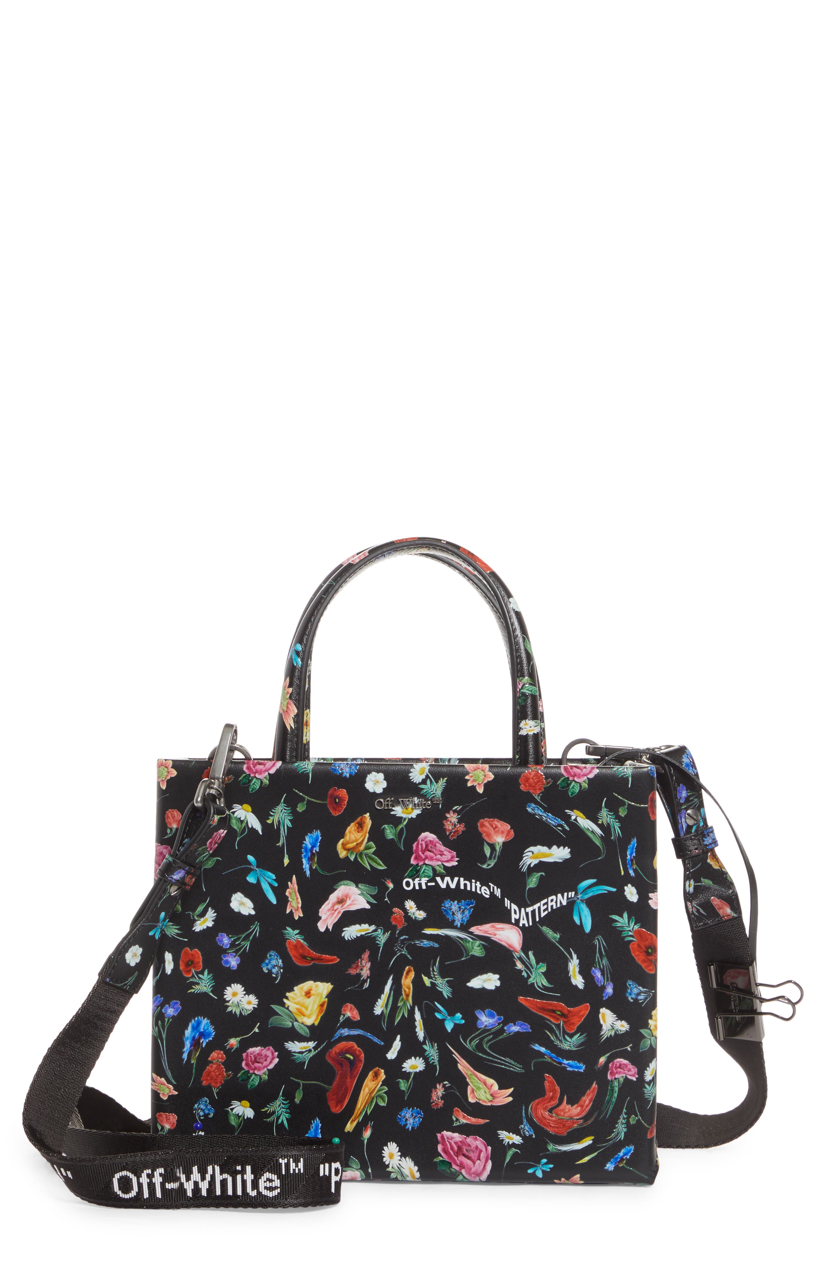 Off-White Drunken Flower Mini Box Leather Top Handle Bag, Main, color, 