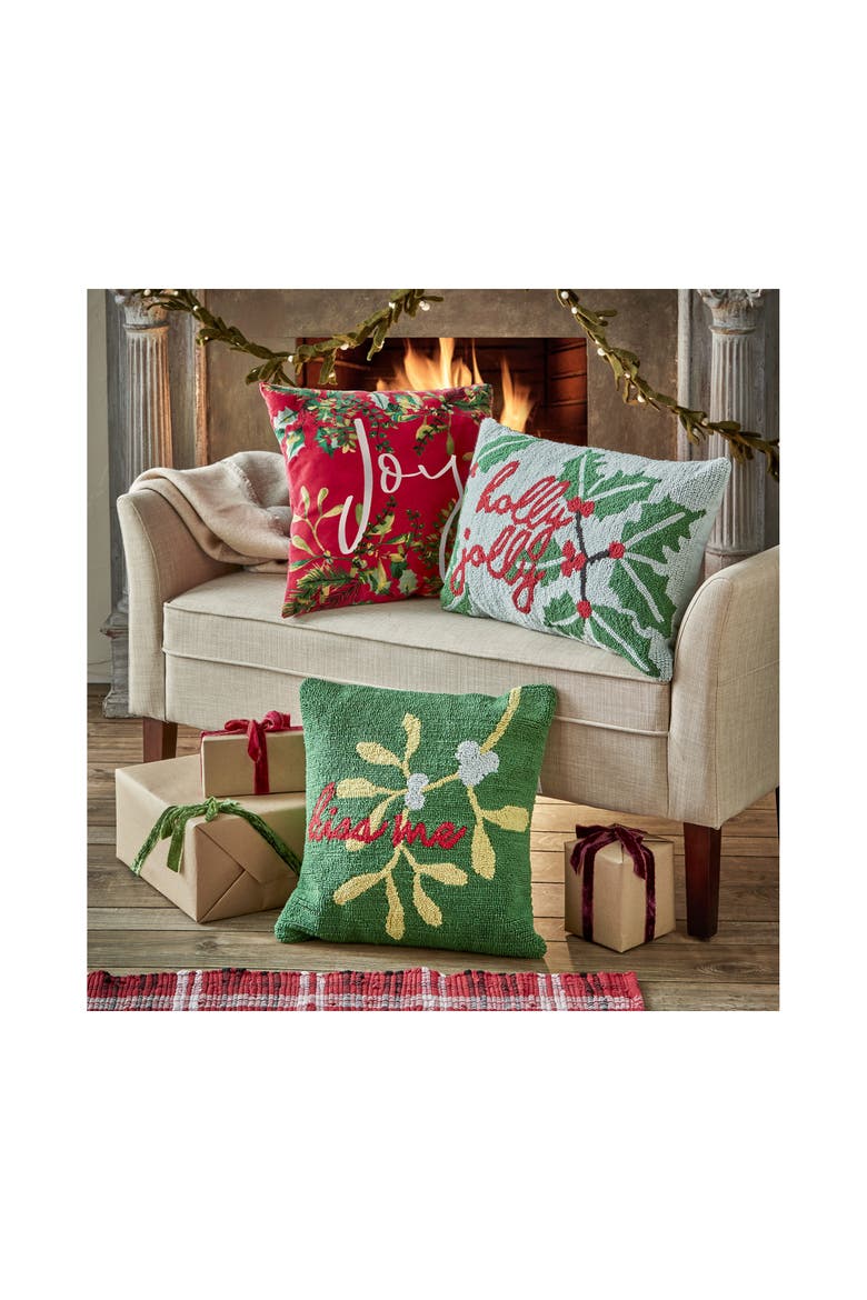 Kiss Me Mistletoe Throw Pillow Dark Green Christmas Decor, Alternate, color, Green