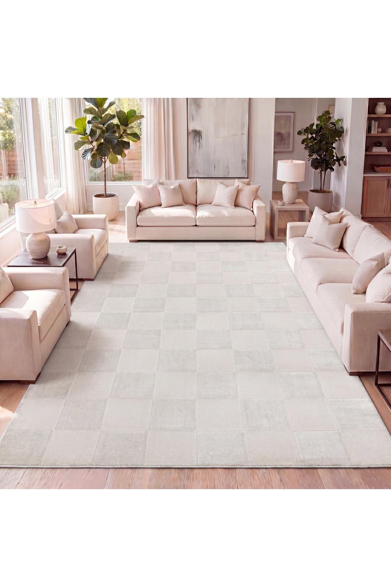 Thea Modern Geometric Checkerboard High-Low Area Rug, Alternate, color, White/Cream