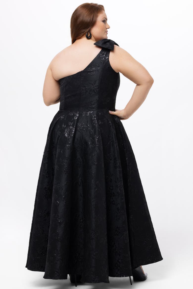 One Shoulder Brocade Plus Size Formal Dress with Bow, Alternate, color, Black/Black