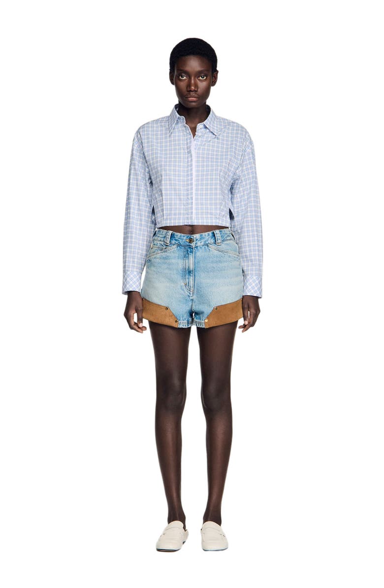 SANDRO Riveted denim and suede shorts, Main, color, Light Bu Jean