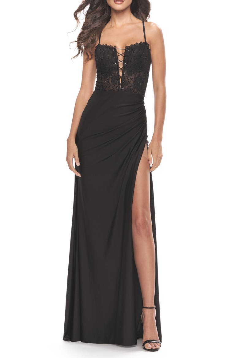 Lace Bodice with Tie Up Deep V Neckline Jersey Dress, Alternate, color, Black