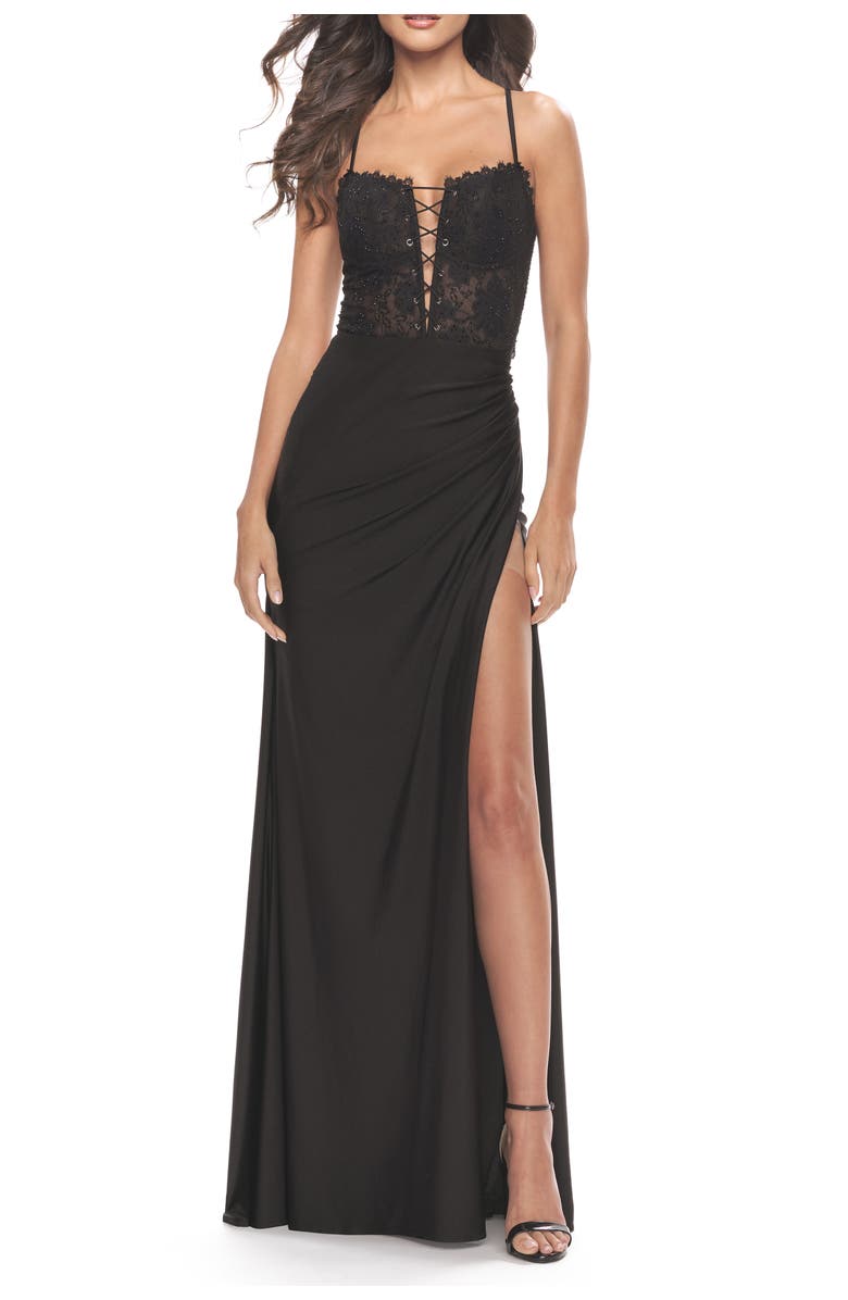 La Femme Lace Bodice with Tie Up Deep V Neckline Jersey Dress, Alternate, color, Black