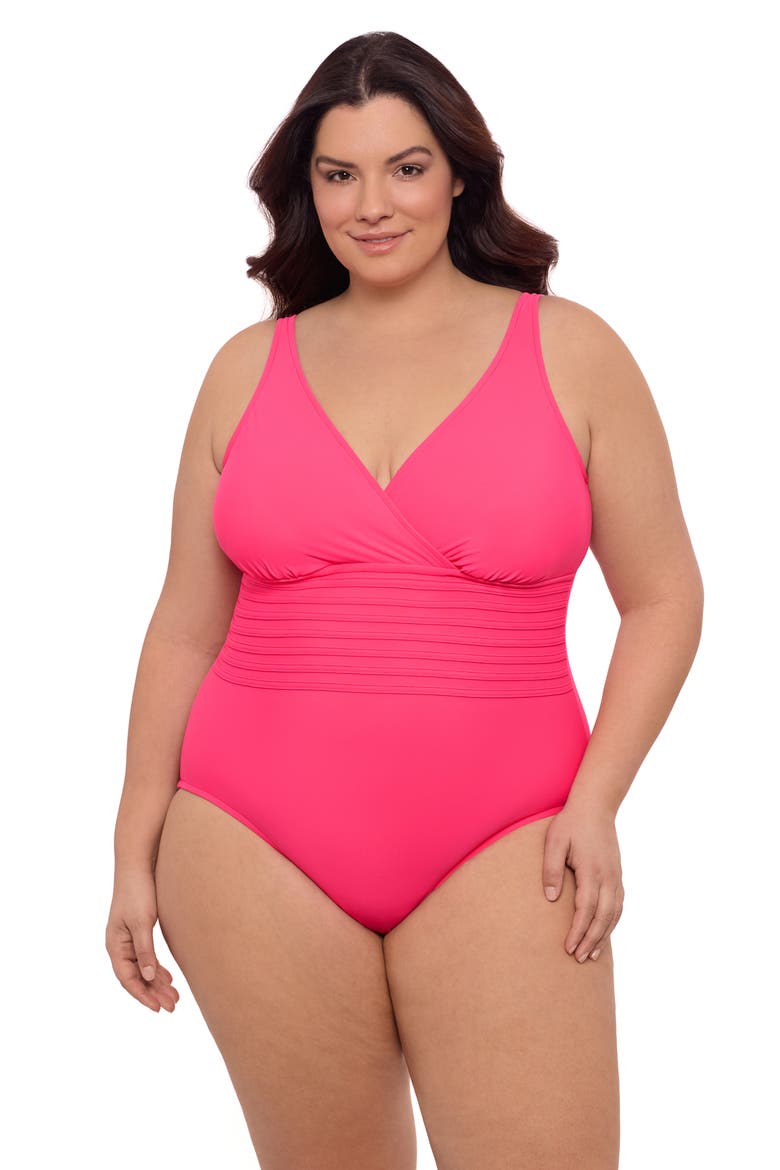 Plus Size V-Neck Surplice Trim Overlay Full Coverage One-Piece Swimsuit, Main, color, Rose Quartz