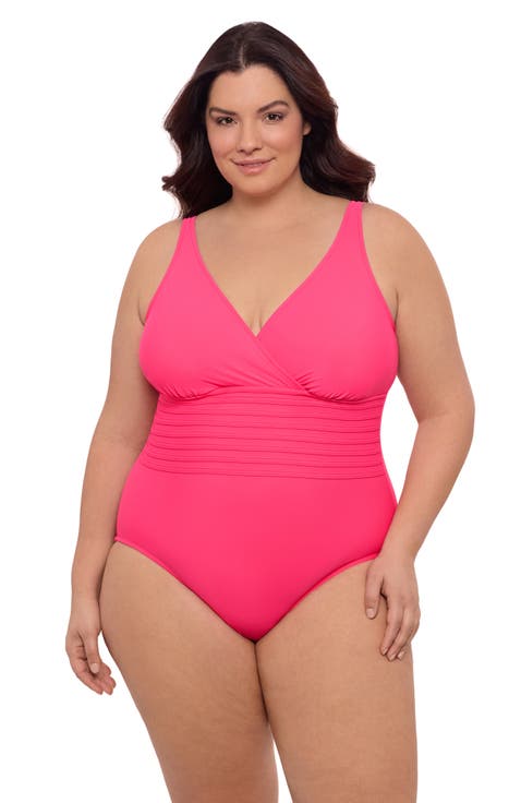 Plus Size V-Neck Surplice Trim Overlay Full Coverage One-Piece Swimsuit