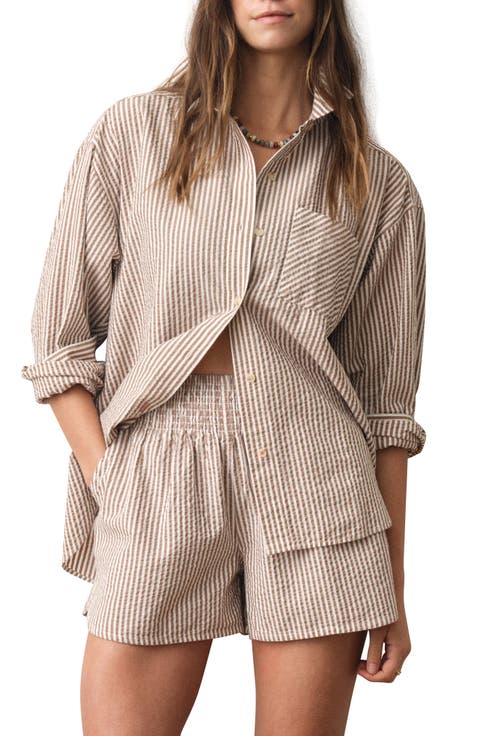 Gracey Stripe Oversize Cotton & Kapok Seersucker Button-Up Shirt