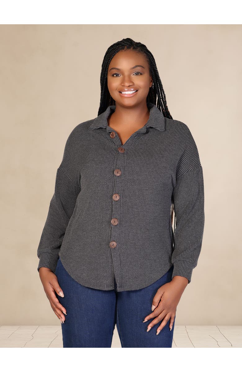 24seven Comfort Apparel Plus Size Ribbed Button Up Long Sleeve Collared Shirt Jacket, Alternate, color, Green