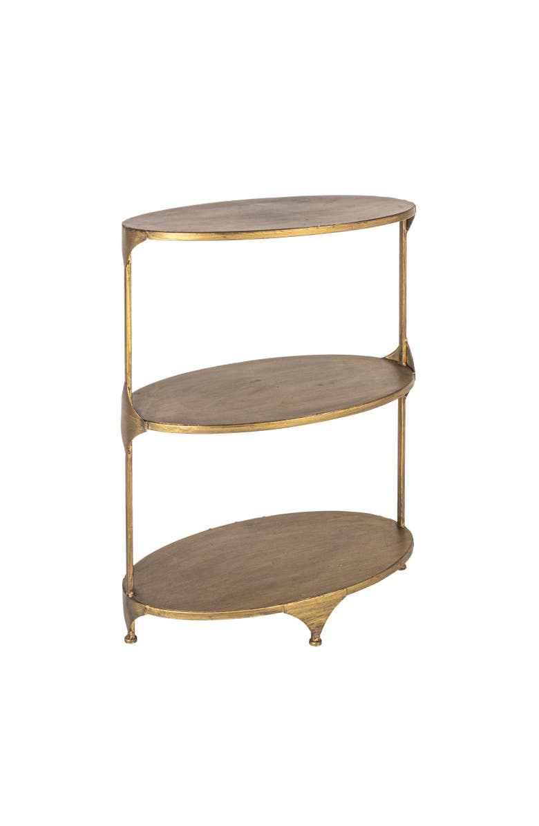 Storied Home Oval Shaped Metal 3-Tier Shelf, Antique Gold, Main, color, Gold