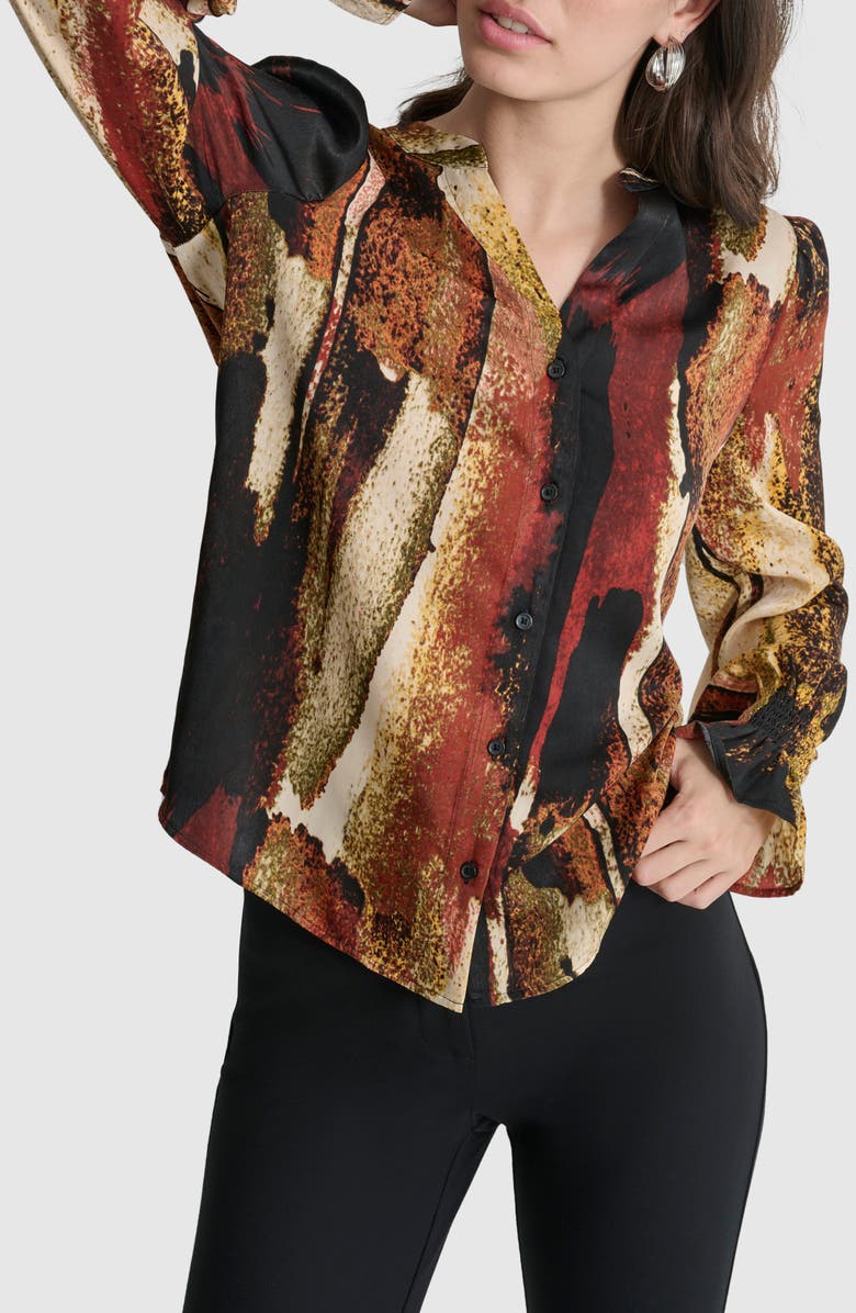 DKNY Abstract Print Split Neck Button-Up Shirt, Alternate, color, 