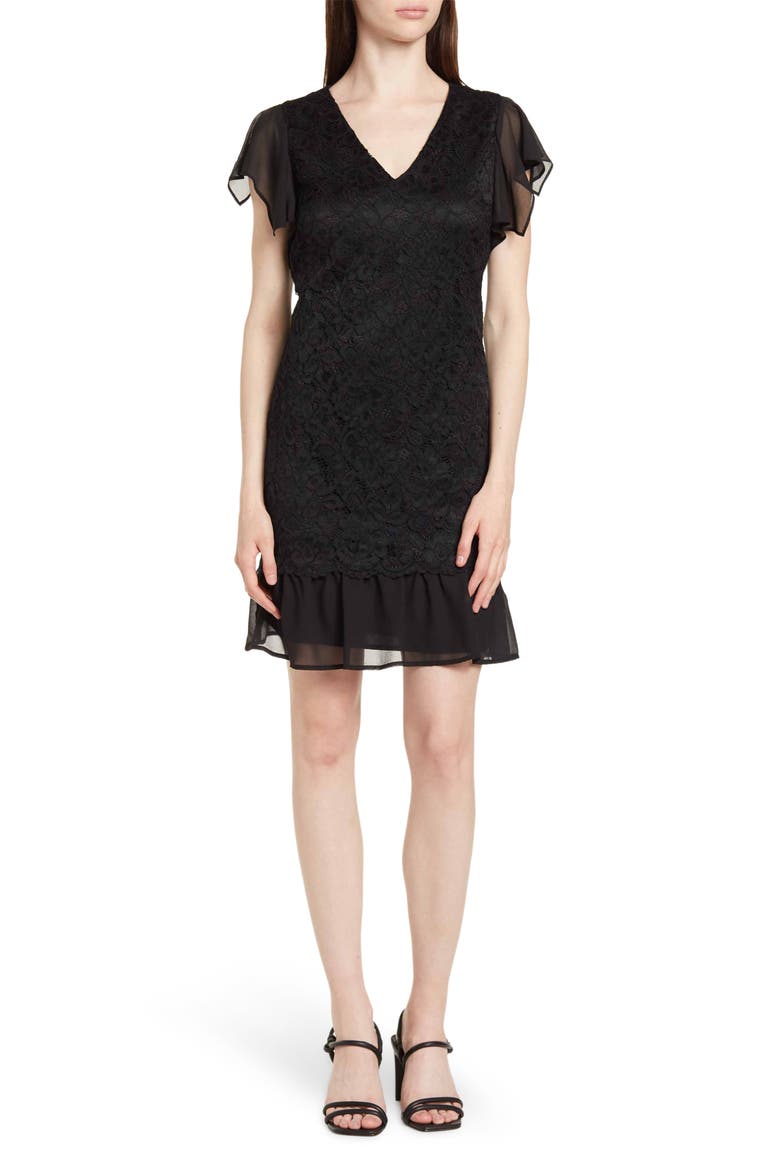 Flutter Sleeve Lace & Chiffon Dress, Main, color, BLACK