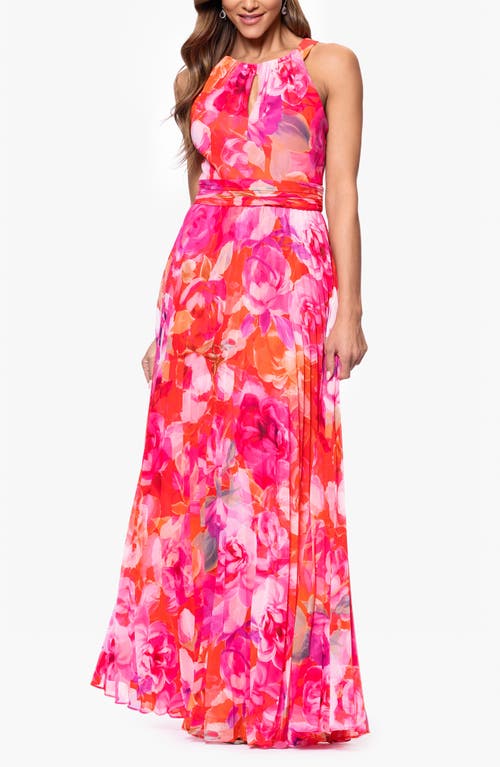 Xscape Evenings Keyhole Pleated Chiffon Maxi Dress In Red Pink