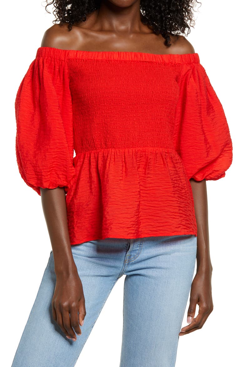 Smocked Puff Sleeve Top, Main, color, RED BLOOM