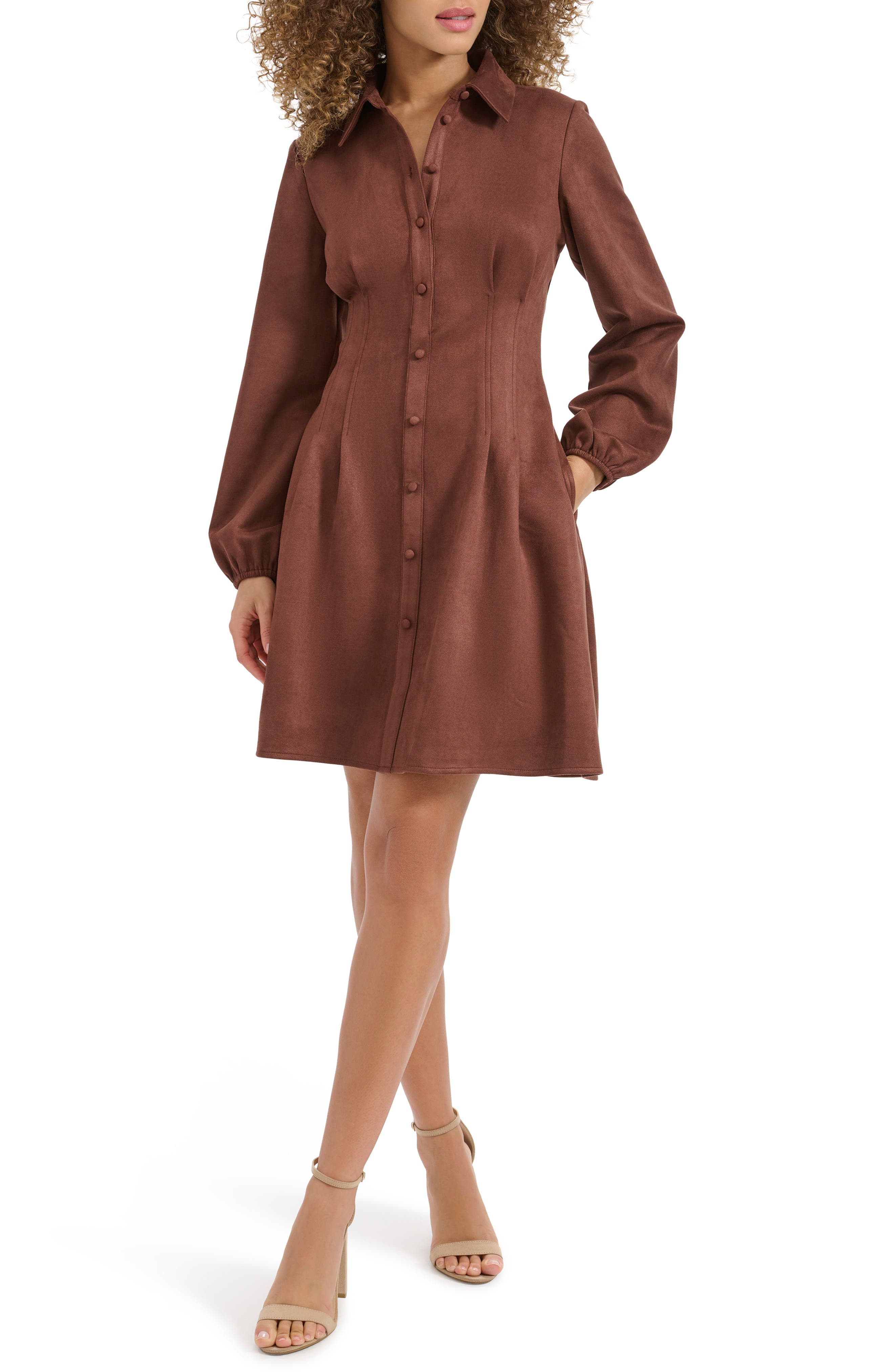 Kensie Faux Suede Long Sleeve Shirtdress