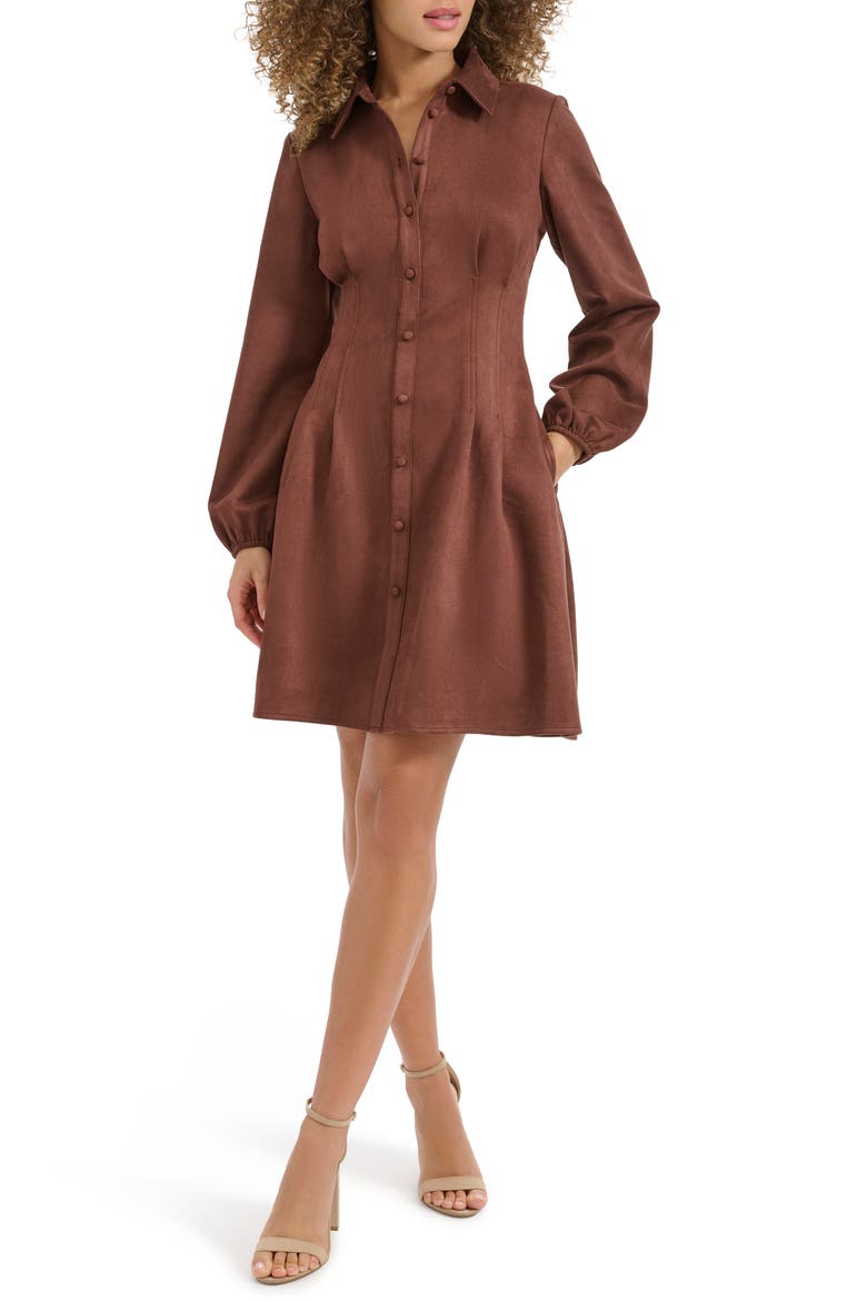 Faux Suede Long Sleeve Shirtdress, Main, color, BROWN