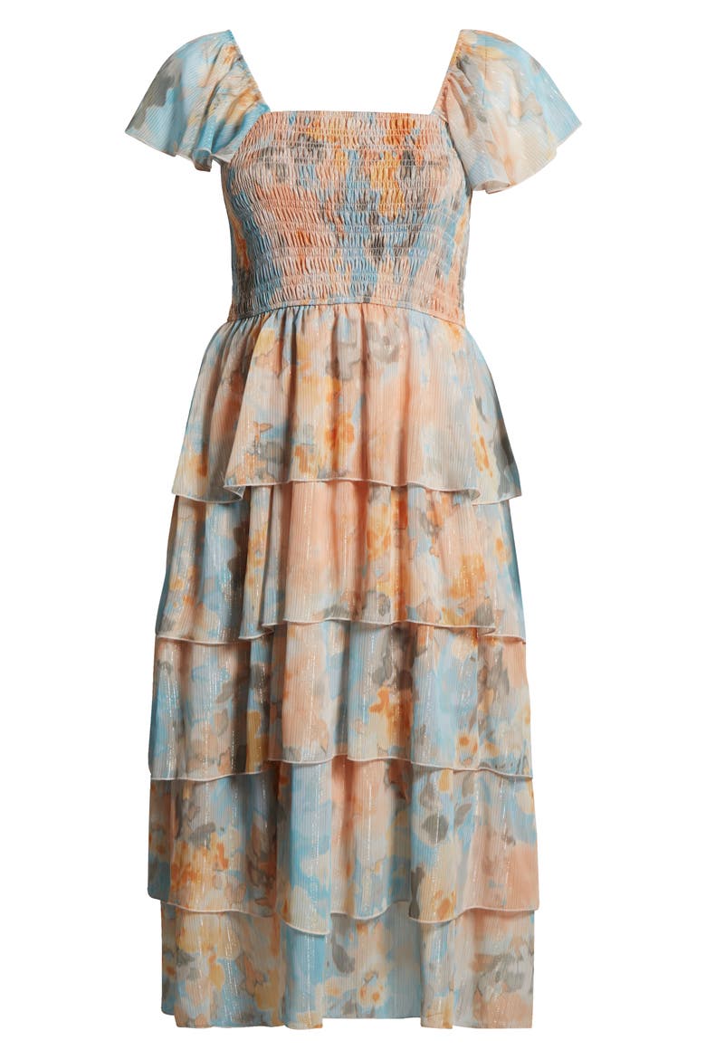 Smocked Bodice Metallic Tiered Maxi Dress, Alternate, color, PEACH/ AQUA
