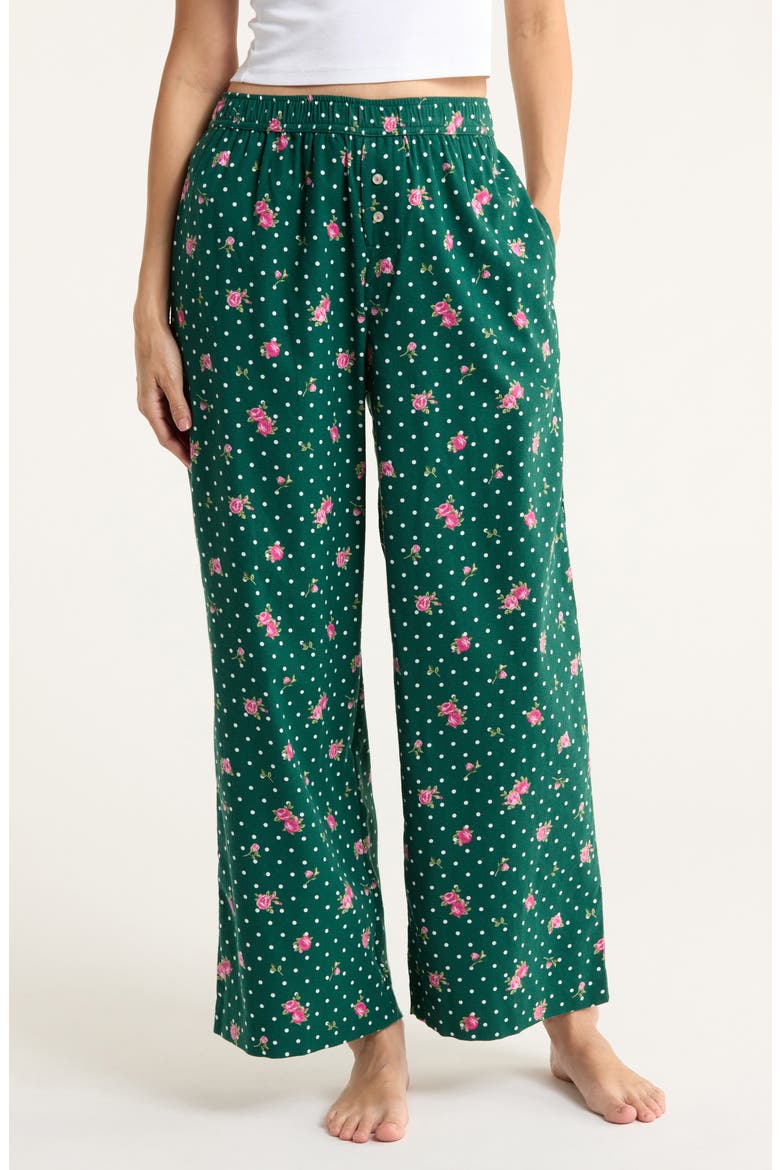 Print Flannel Boxer Pajama Pants, Main, color, GREEN POLKA DOT ROSE