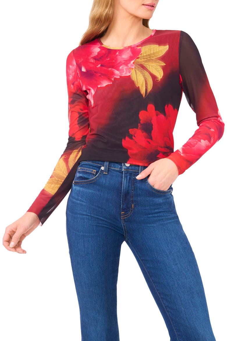 Floral Crewneck Mesh Top, Main, color, FLAME SCARLET