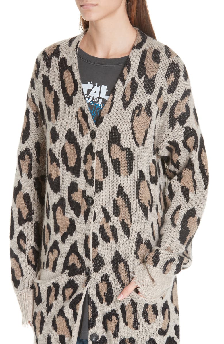 R13 Long Leopard Cashmere Cardigan, Alternate, color,