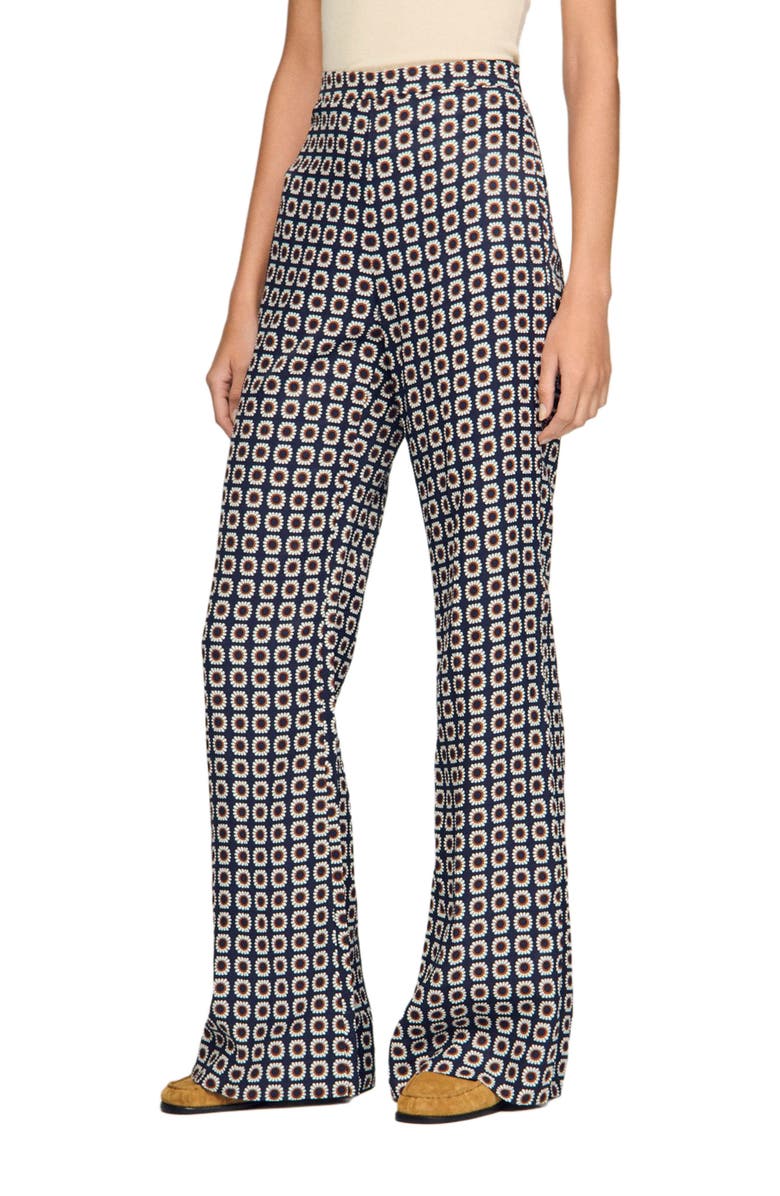 SANDRO Floral-print floaty trousers, Main, color, Deep Blue / Ocher