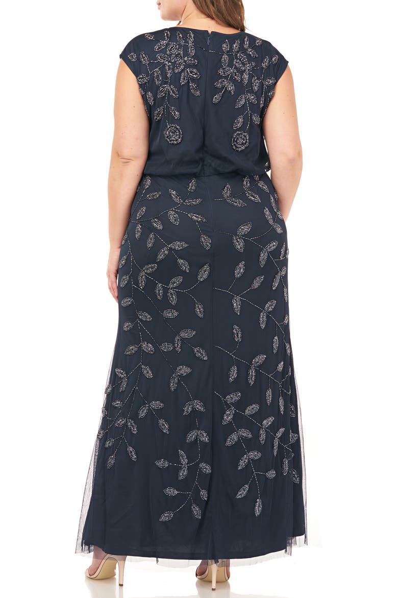 Beaded Leaf Mesh Trumpet Gown, Alternate, color, NAVY
