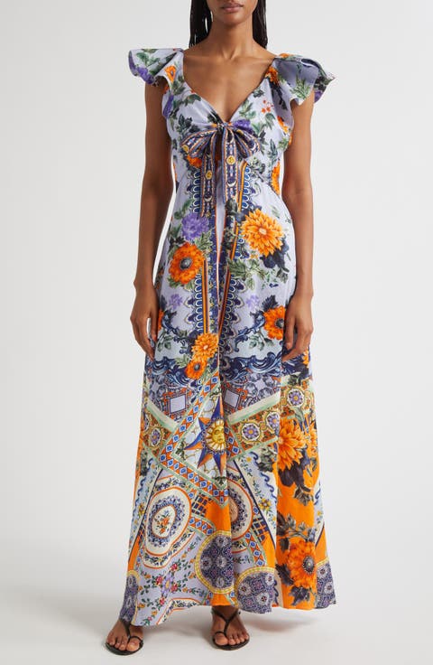 Luscious in Lisbon Tie Front Flutter Sleeve Linen & Silk Maxi Dress