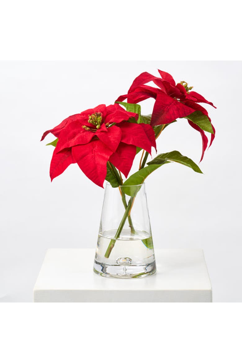Lifelike Christmas Red Velvet Poinsettia Blooms in Pyramid Vase, Main, color, Red
