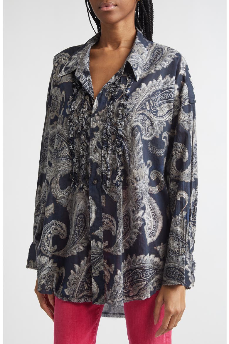 Shredded Seam Ruffle Paisley Print Button-Up Shirt, Alternate, color, BLACK PAISLEY MULTI PRINT