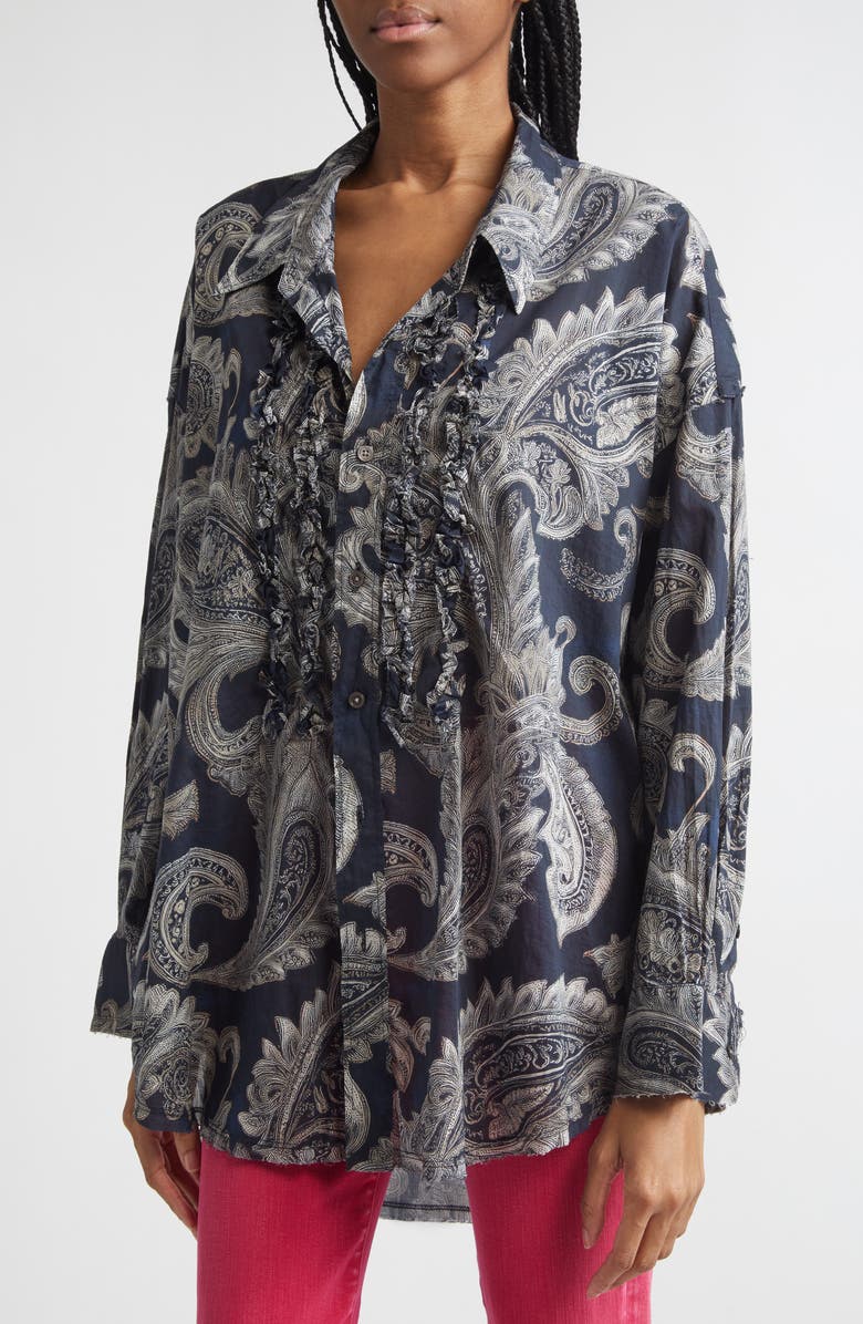 R13 Shredded Seam Ruffle Paisley Print Button-Up Shirt, Alternate, color, Black Paisley Multi Print