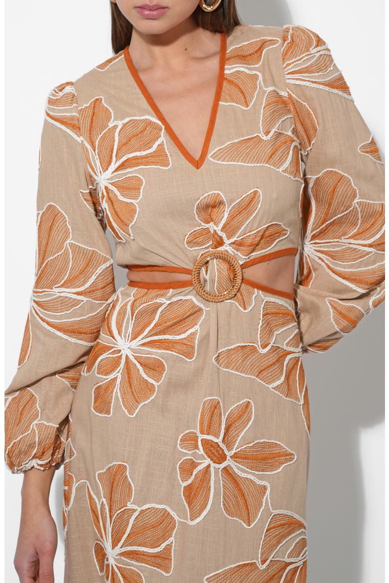 Joy Embroidered Side Cutout Long Sleeve Midi Dress, Alternate, color, NATURAL/ RUST