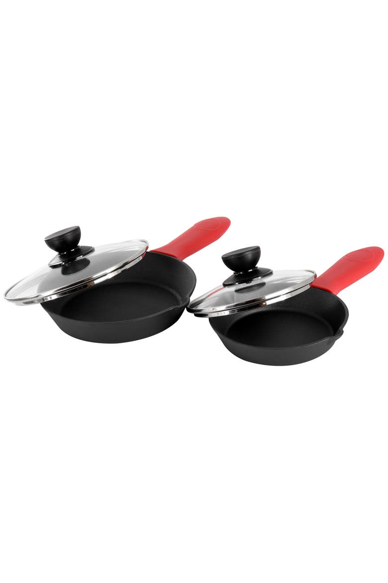 13 Piece Cast Iron Skillet Set with Tempered Glass Lids and Silicone Holders, Alternate, color, Black