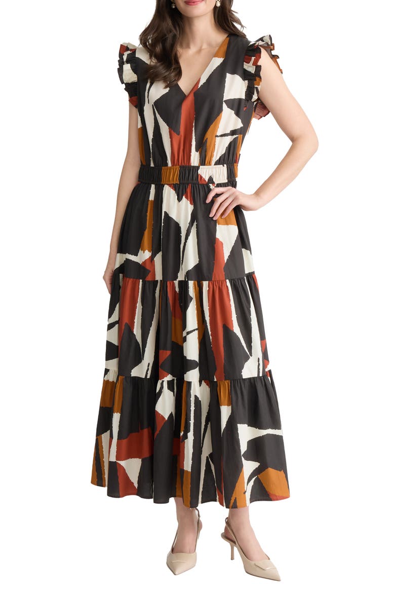 Ruffle Fit & Flare Midi Dress, Main, color, JONES BLACK MULTI