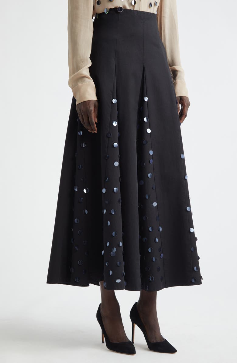 Lela Rose Paillette Cotton Poplin Godet Skirt, Alternate, color, Black