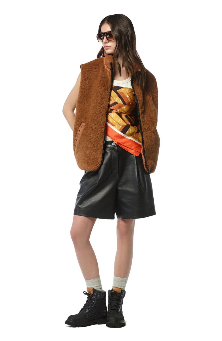 MCM Fleece Jacket w/ Detachable Sleeves in Faux Fur, Alternate, color, Cognac