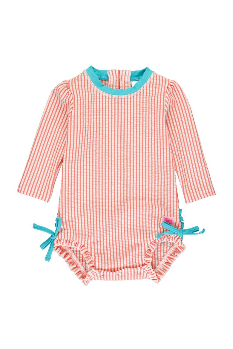 Girls Seersucker Long Sleeve Upf50+ One Piece Rash Guard, Main, color, Coral Seersucker