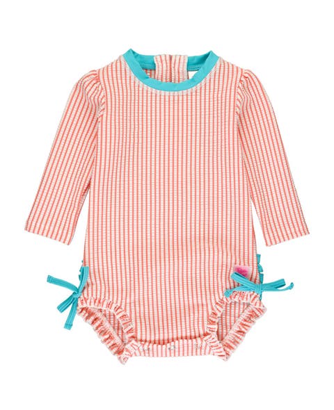 Girls Seersucker Long Sleeve UPF50+ One Piece Rash Guard