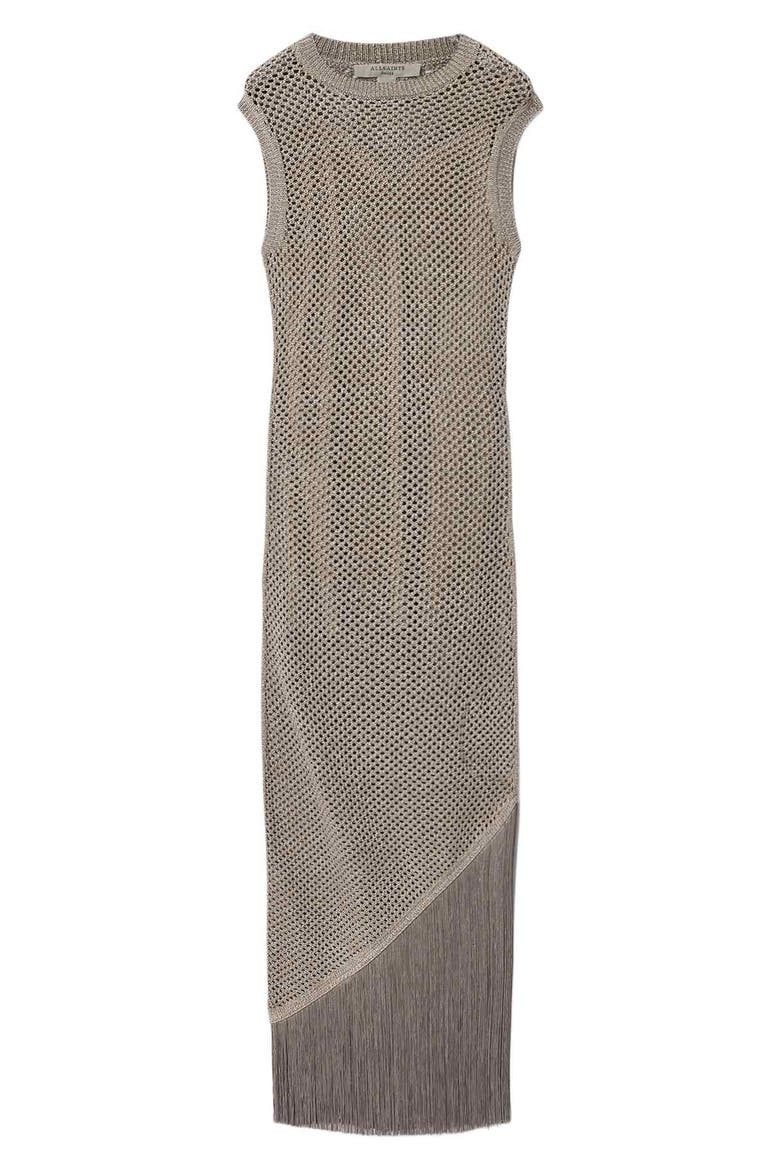 Jessie Sleeveless Fringe Trim Dress, Alternate, color, PEBBLE GREY