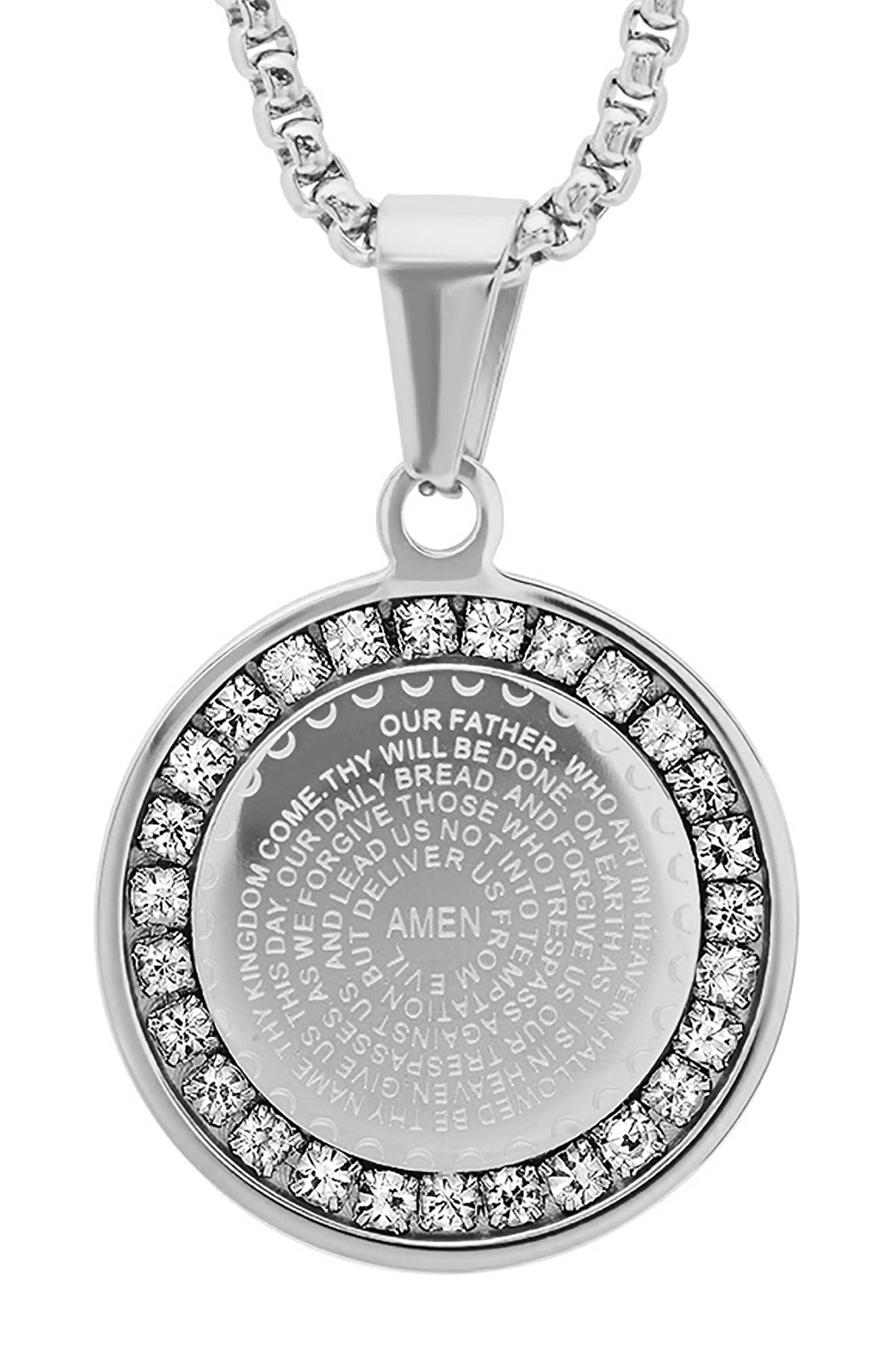 HMY JEWELRY 18K Rose Gold Plaed Stainless Steel Lord's Prayer CZ Pendant Necklace