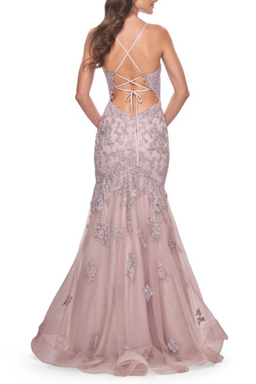 La Femme Mermaid Lace Embellished Gown With Illusion Top