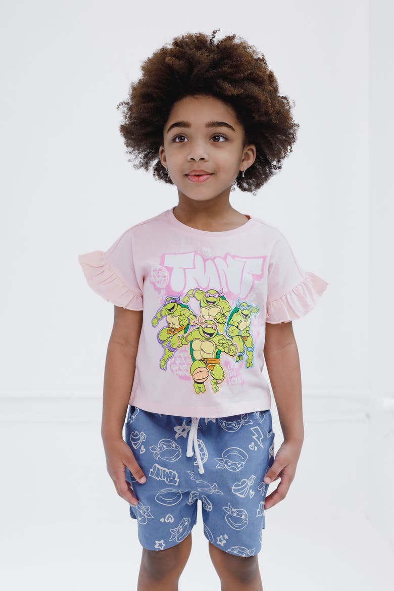 T-Shirt and Chambray Shorts Set, Alternate, color, Pink Blue TMNT