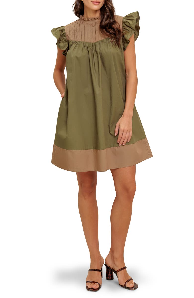 FLYING TOMATO Colorblock Cap Sleeve Cotton Minidress, Main, color, Olive