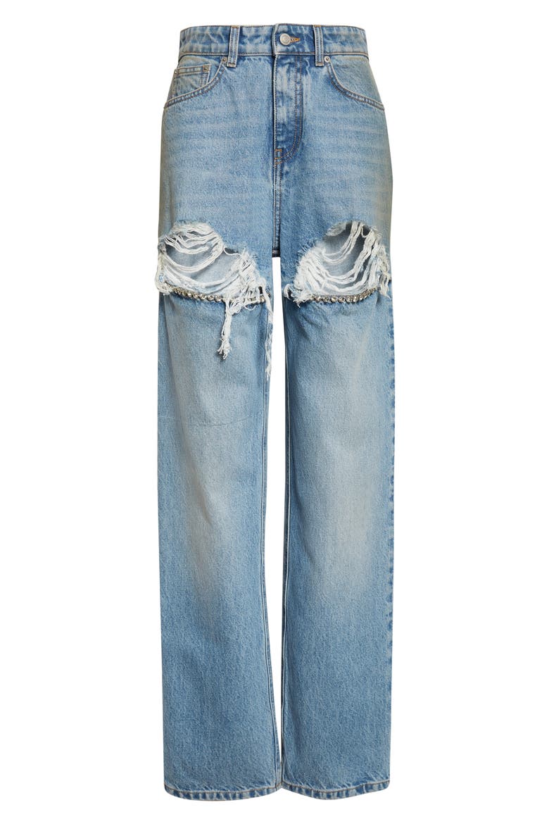 Crystal Slit Frayed Straight Leg Jeans, Alternate, color, MEDIUM BLUE