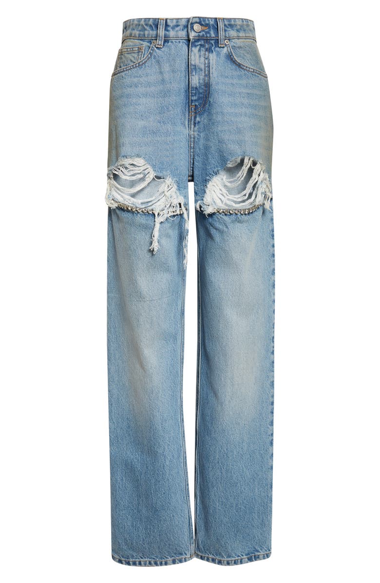 Area Crystal Slit Frayed Straight Leg Jeans, Alternate, color, Medium Blue
