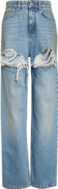 Area Crystal Slit Frayed Straight Leg Jeans