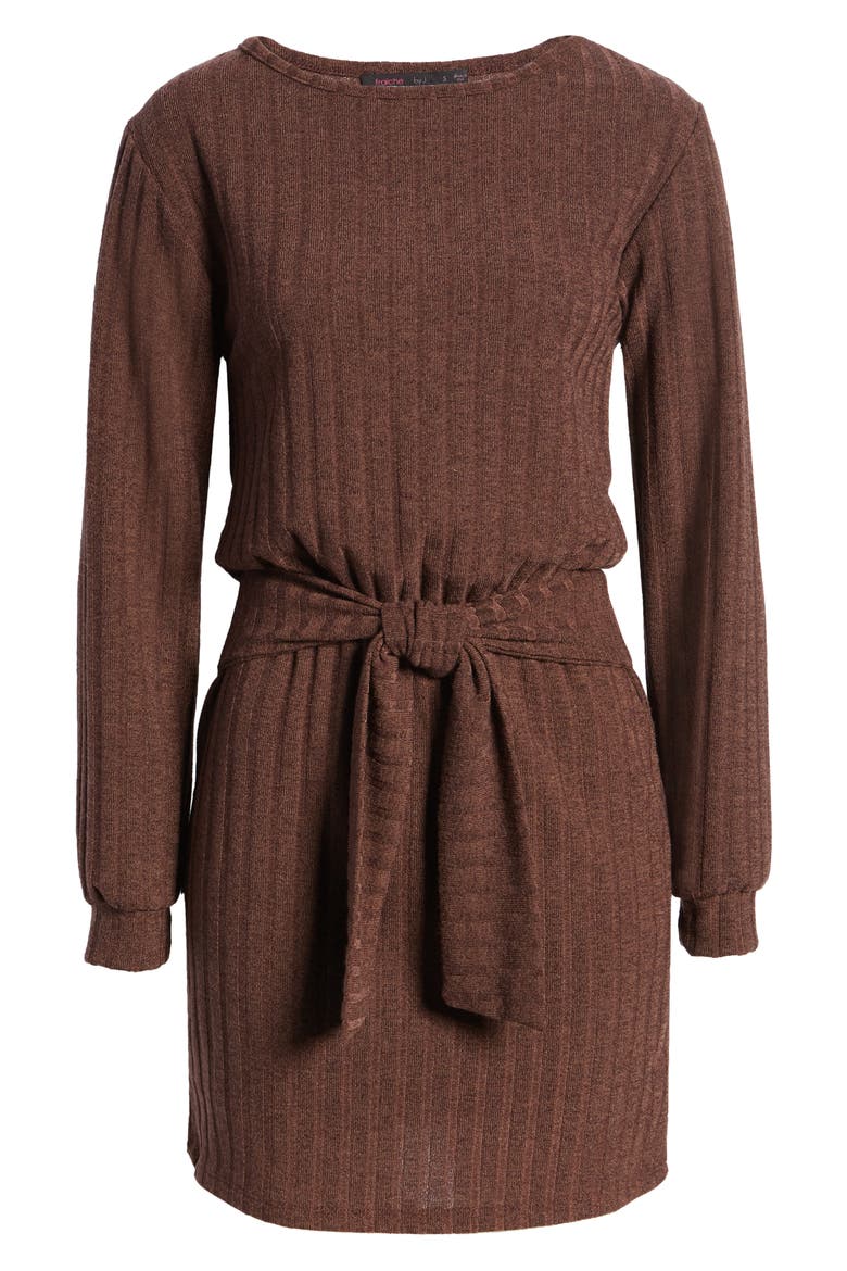 Tie Front Long Sleeve Dress, Alternate, color, BROWN