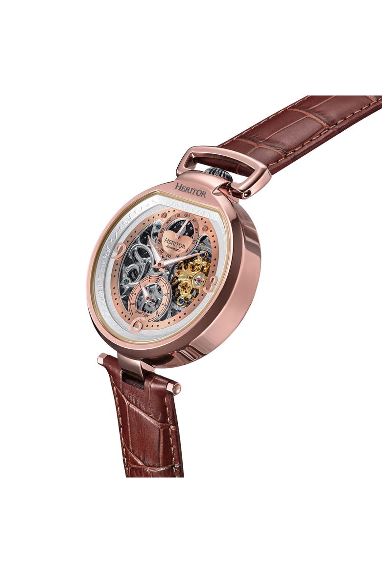 Lincoln Leather-Band Skeleton Watch with Moon Phase, Alternate, color, Brown