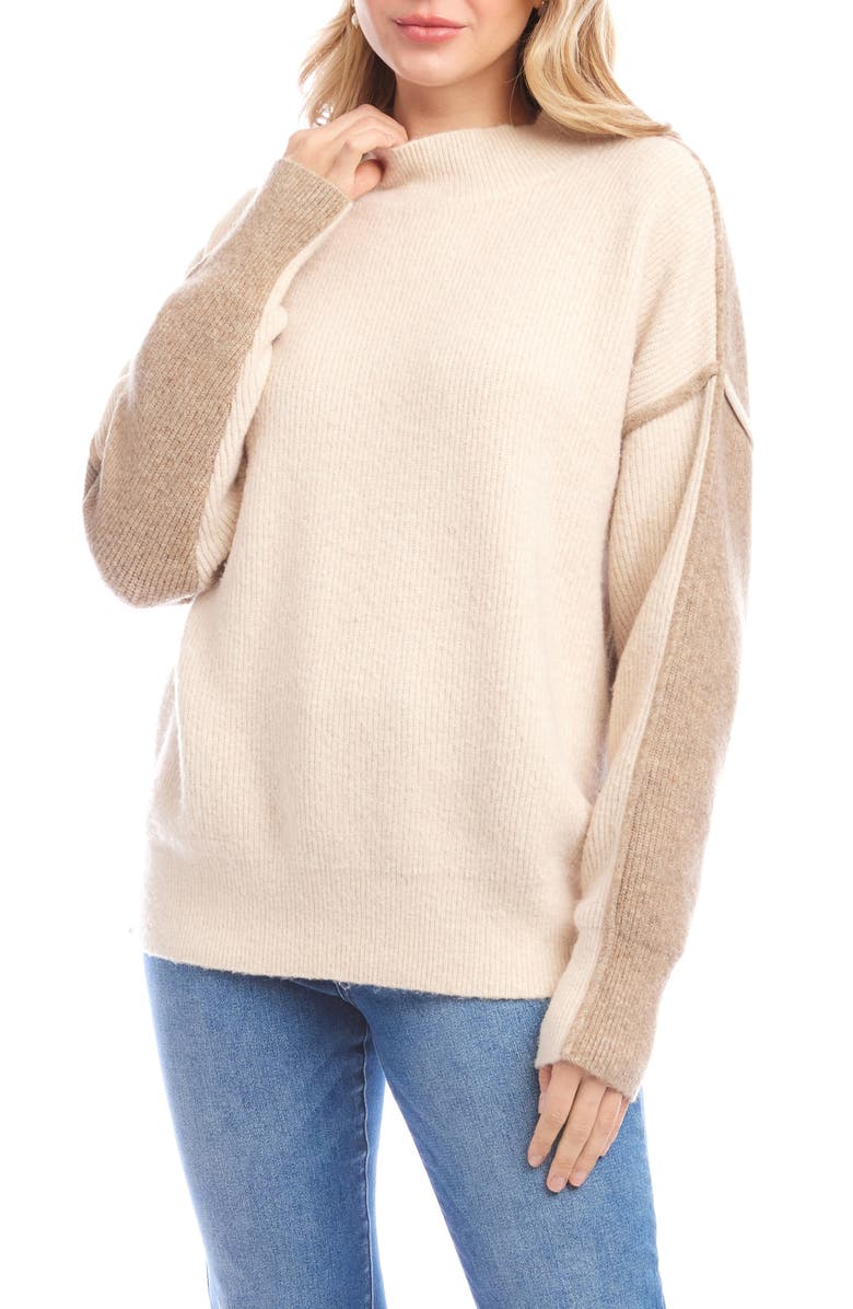 Karen Kane Colorblock Mock Neck Sweater, Alternate, color, Sand Beige/ Earth