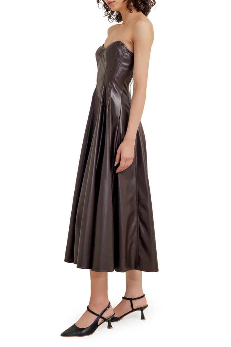 Strapless Faux Leather Midi Dress, Alternate, color, CHOCOLATE