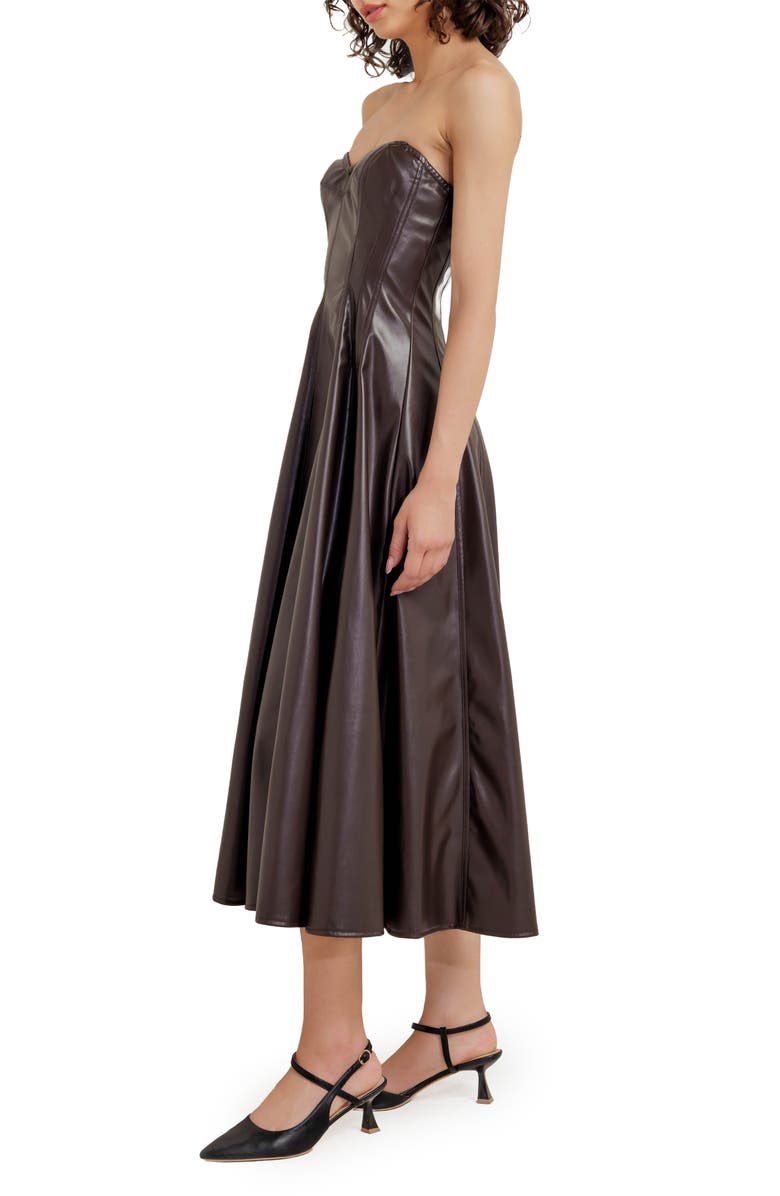 FREEMARKET Strapless Faux Leather Midi Dress, Alternate, color, Chocolate