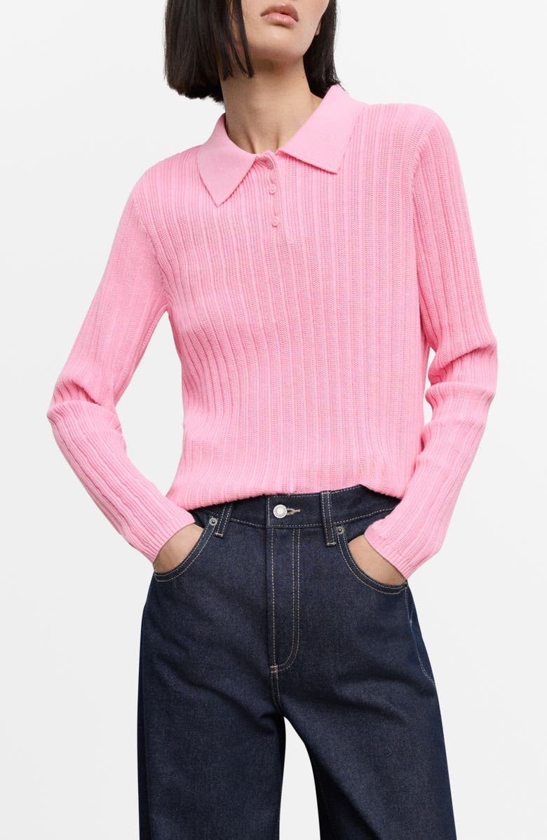 MANGO Rib Long Sleeve Polo Sweater, Main, color, Pink