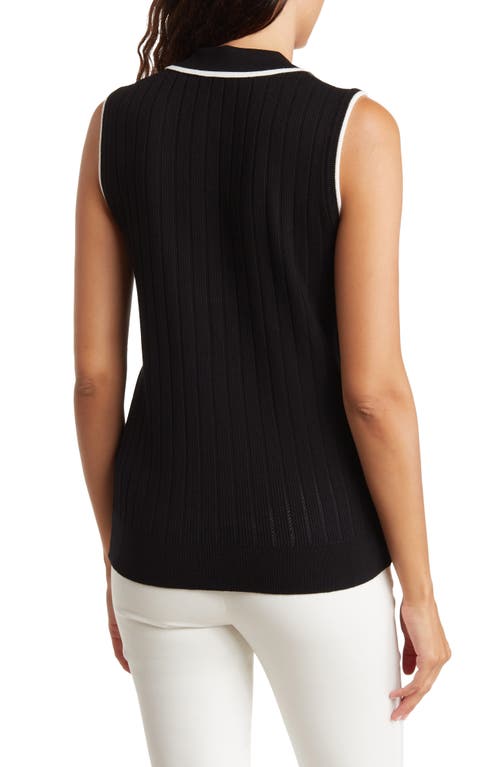 Adrianna Papell Tipped Sleeveless Polo Sweater In Black
